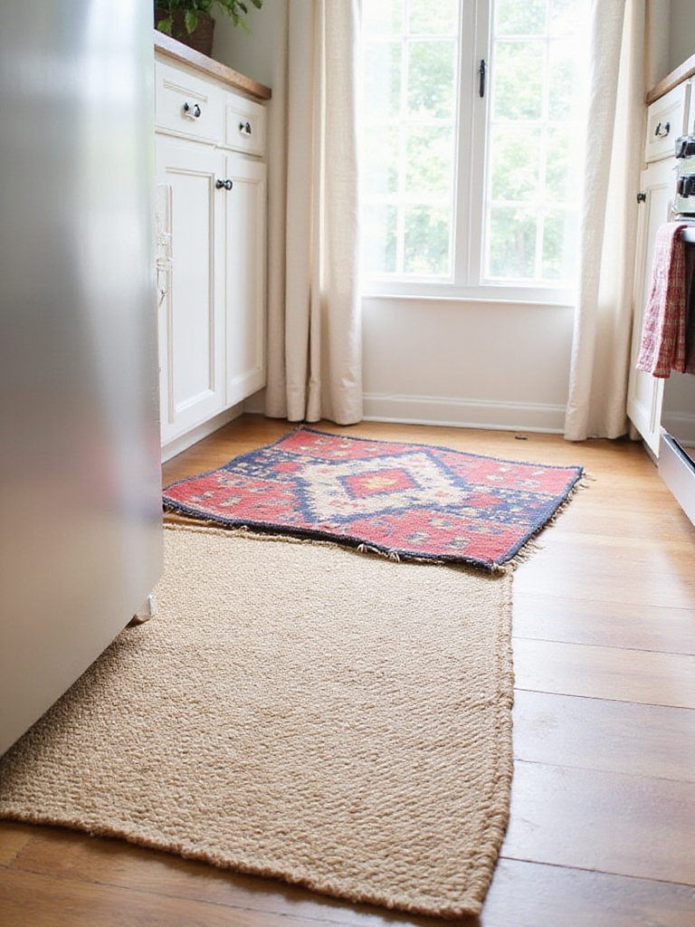 Farmhouse kitchen floor with layered jute and kilim rugs, linen curtains.