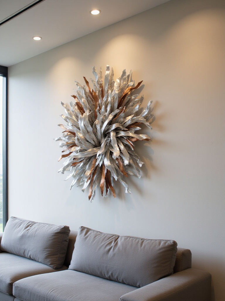 Modern living room with abstract metal wall sculpture above sofa