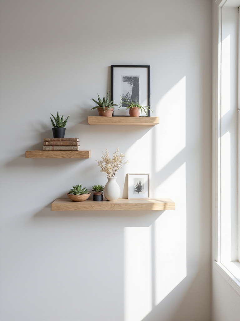 Living room with minimalist floating shelves displaying plants, books, and decor.