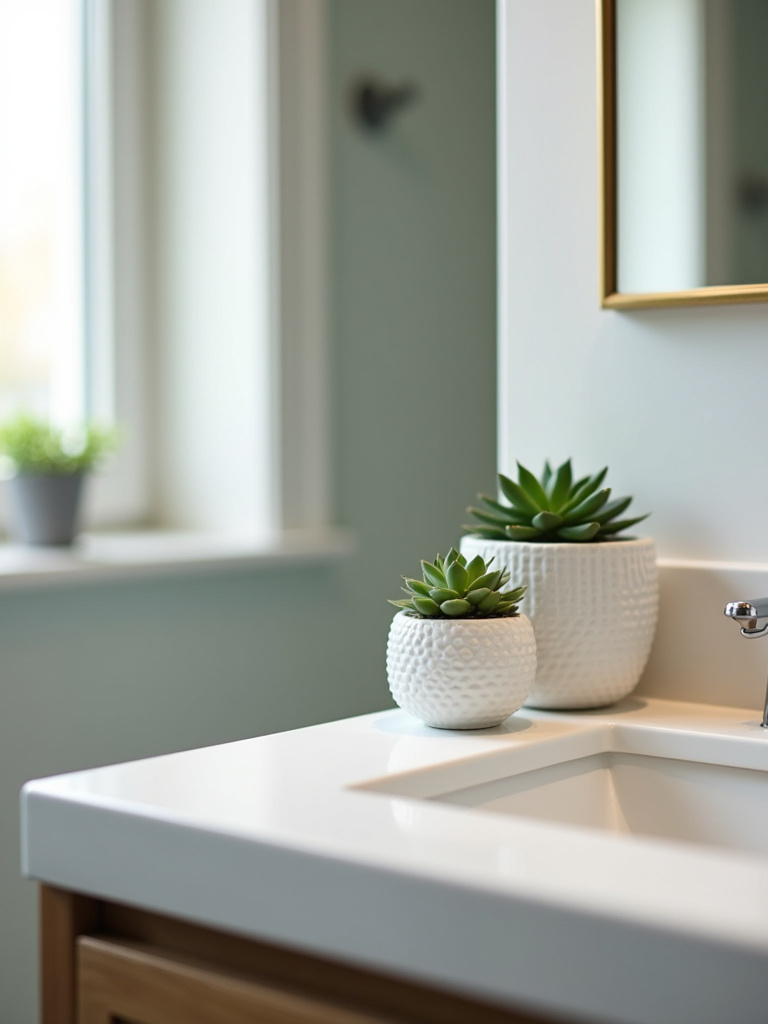 Coastal bathroom greenery with low-maintenance succulents on the vanity, adding a natural and refreshing touch to the space.