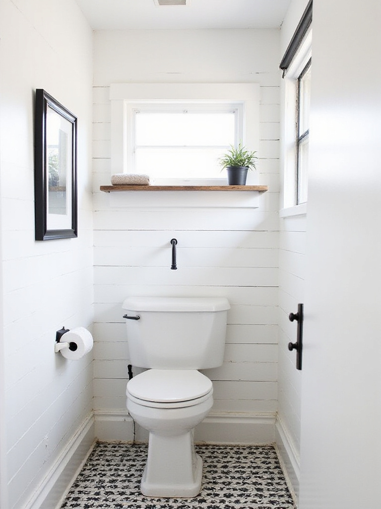 Farmhouse bathroom remodel with black and white accents, including a black framed mirror and black and white patterned floor.