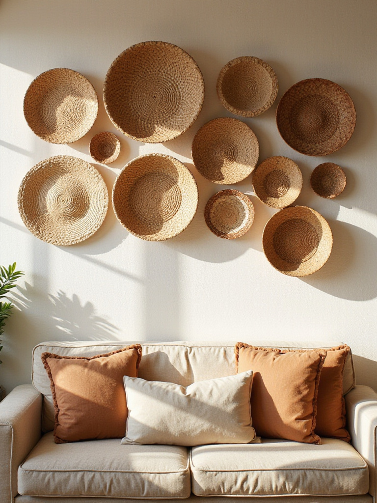 Living room with woven basket wall art creating a rustic and textured feature wall.