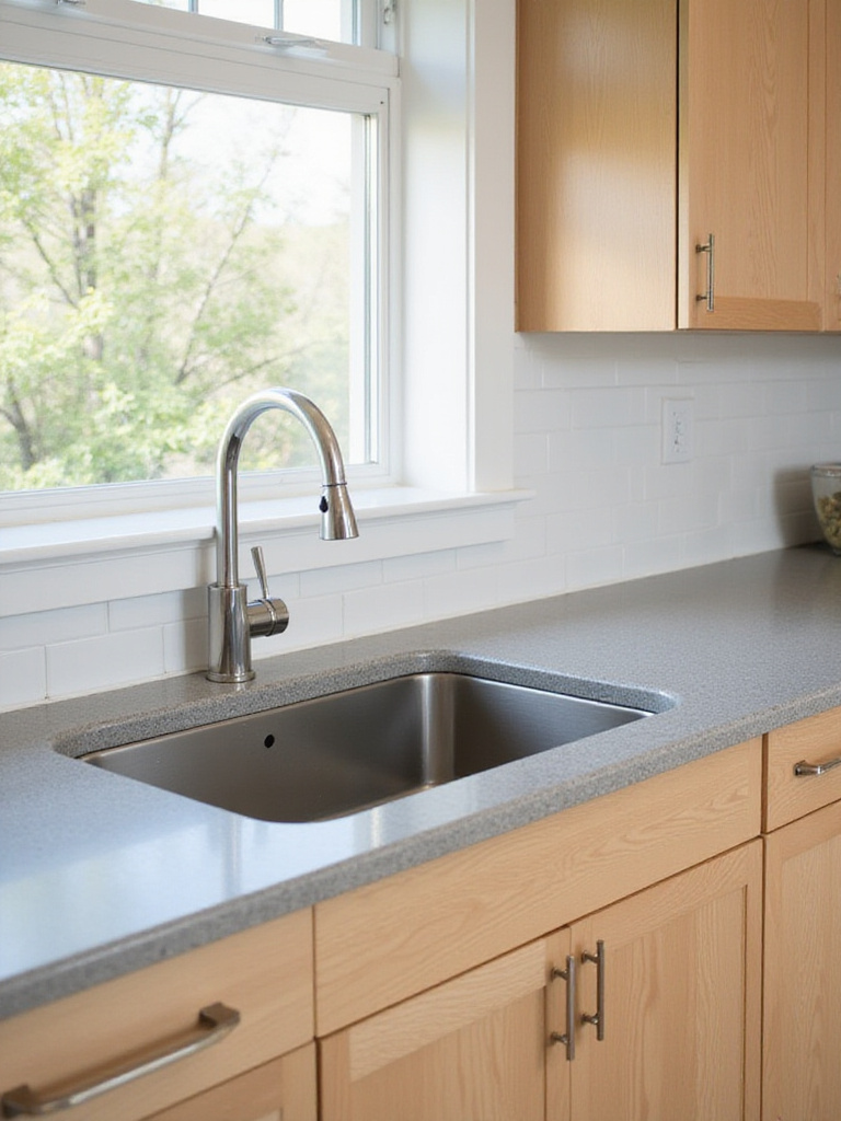 Modern contemporary kitchen featuring a stainless steel farmhouse sink and light-colored wood cabinetry.