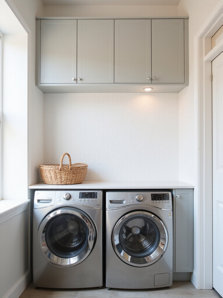 Modern laundry room with white embossed geometric wallpaper