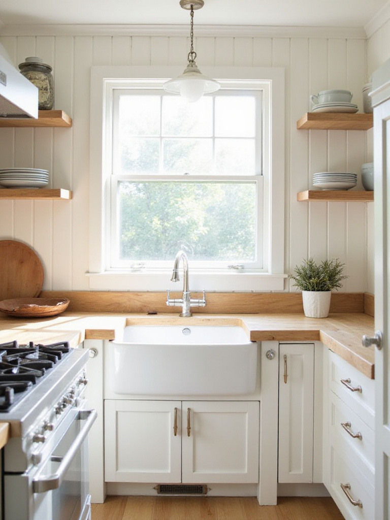 Cottage kitchen with white beadboard backsplash and butcher block countertops