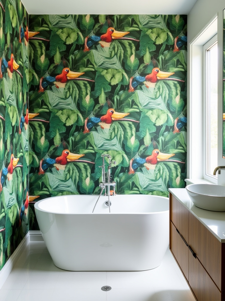 Bathroom with tropical wallpaper, white freestanding tub, and modern vanity