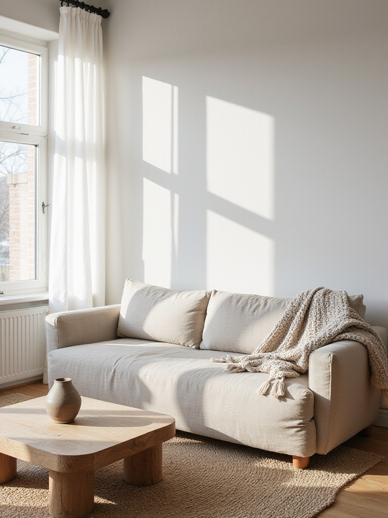 Minimalist living room with linen sofa, jute rug, and chunky knit throw blanket, showcasing the use of texture for warmth and depth.