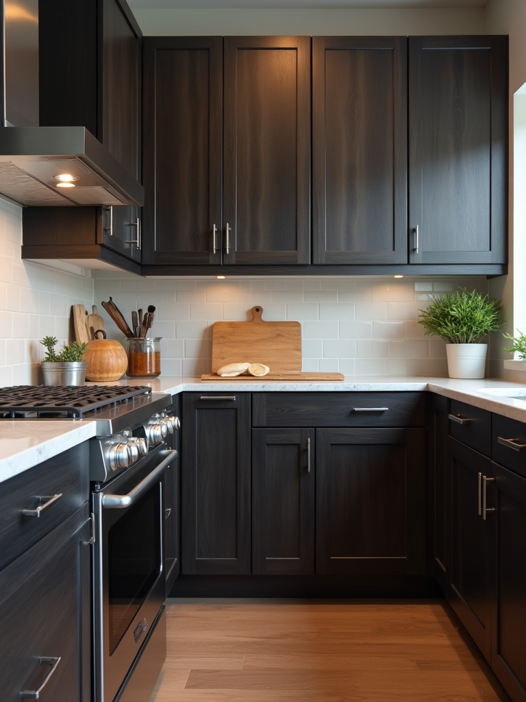 Black wood grain kitchen cabinets adding texture and visual interest to a modern kitchen design.