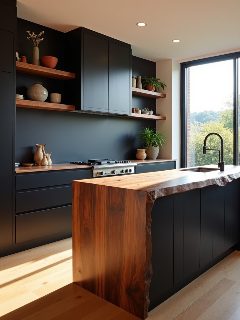 Black kitchen cabinets with warm walnut wood island and open shelving