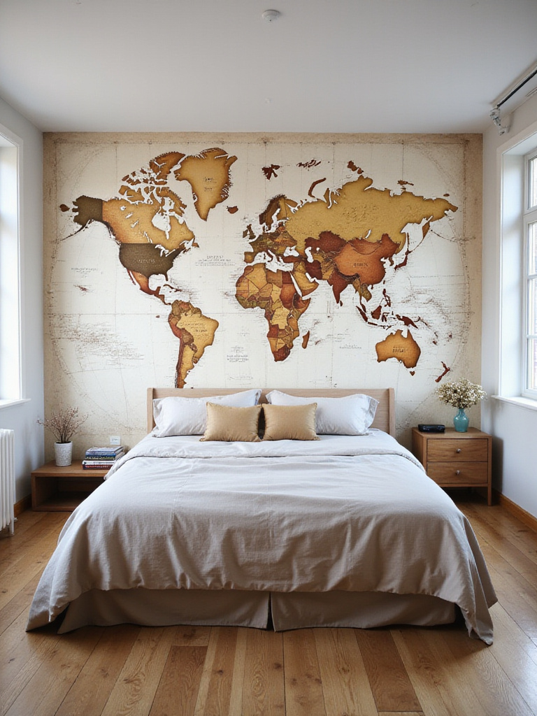 Bedroom with large vintage world map mural behind bed