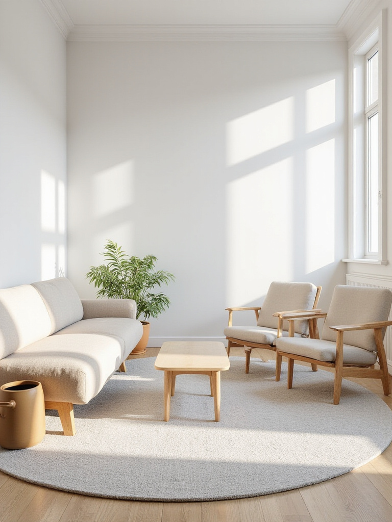 Minimalist living room with a light gray wool rug anchoring the seating area.