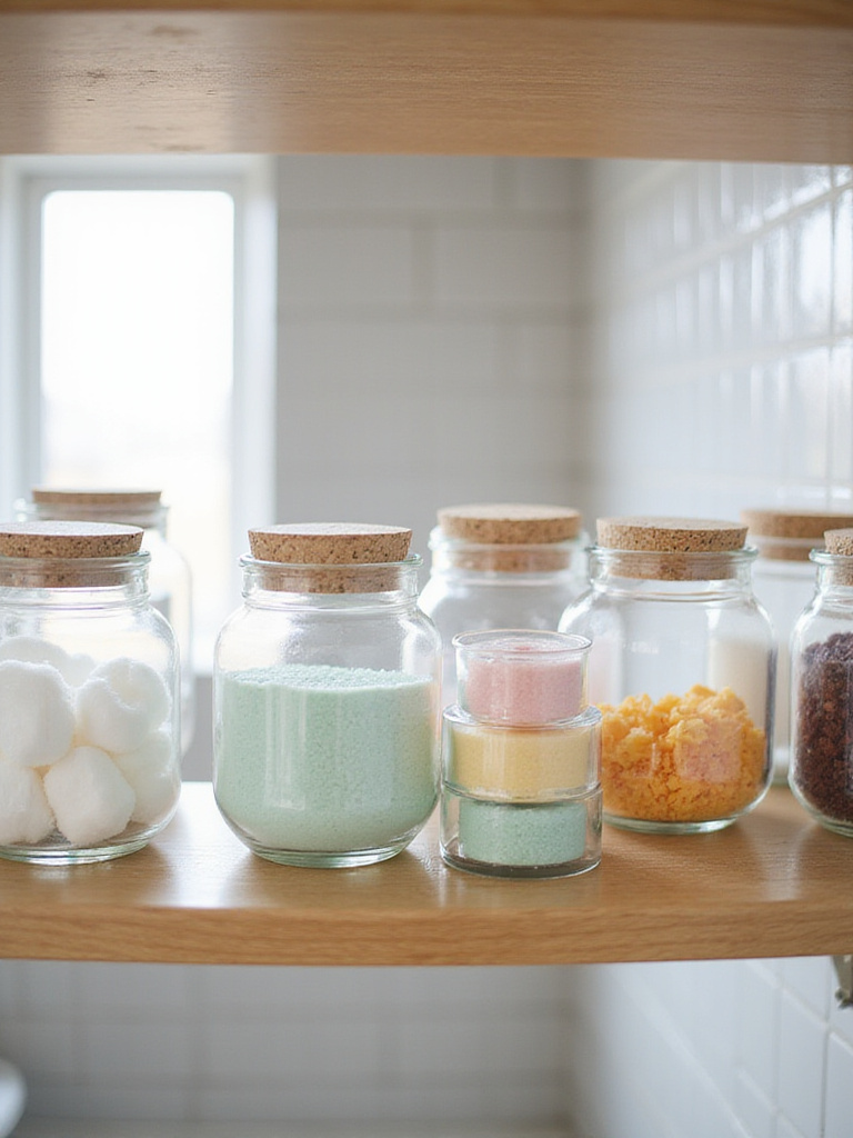 Bathroom shelf decorated with clear glass apothecary jars filled with bath essentials.