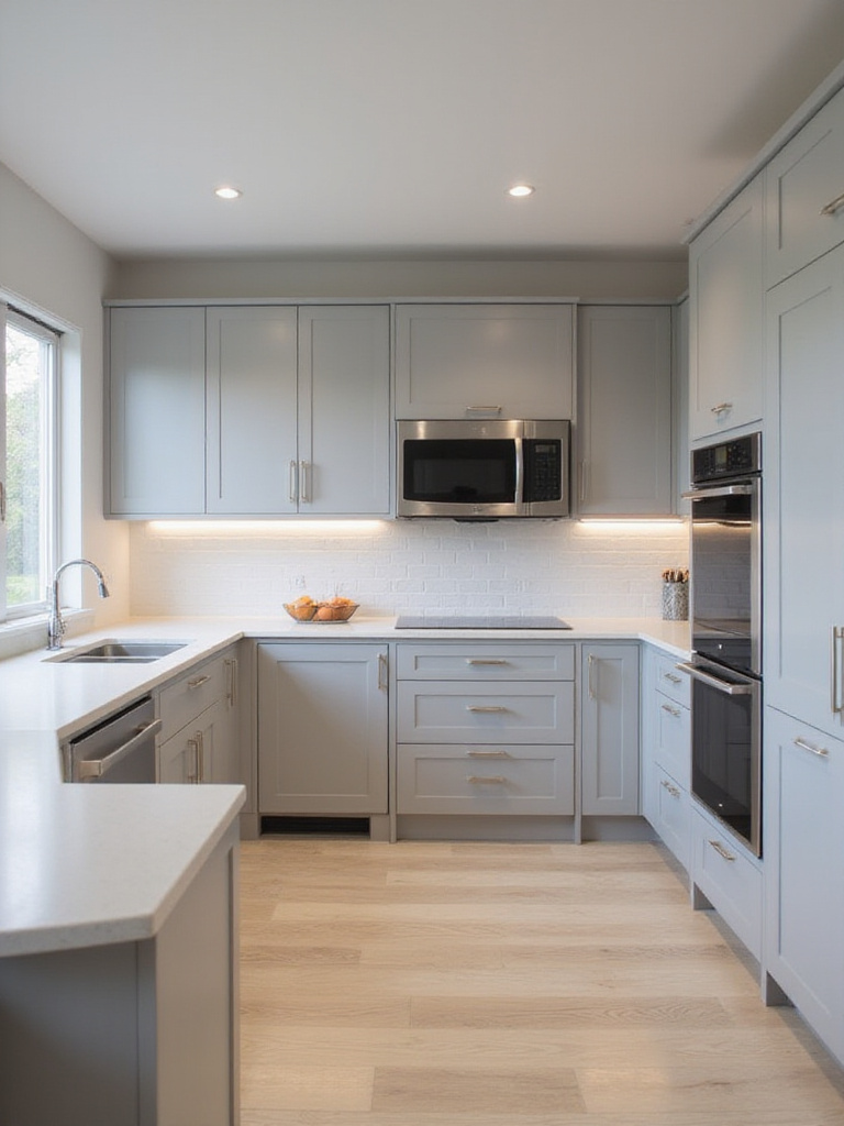 Modern kitchen with integrated refrigerator, dishwasher, and microwave seamlessly blended into light grey cabinetry.