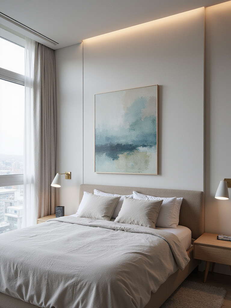 Modern bedroom with abstract art above headboard