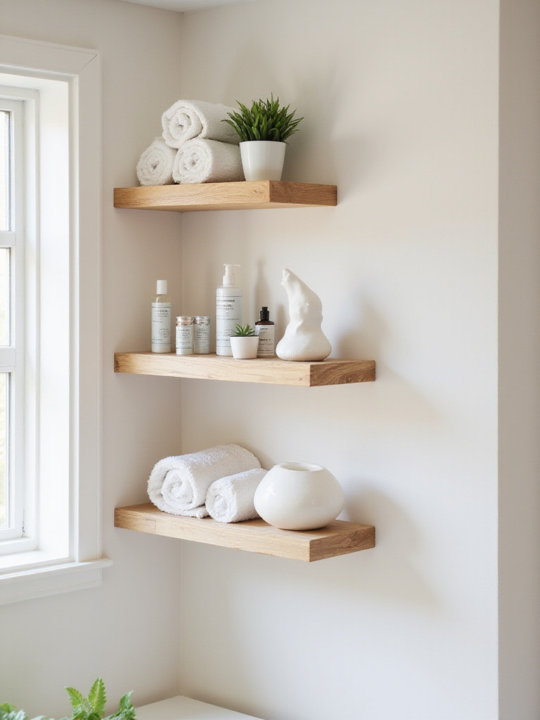 Bathroom shelves decorated with toiletries, a plant, and a small abstract ceramic sculpture.