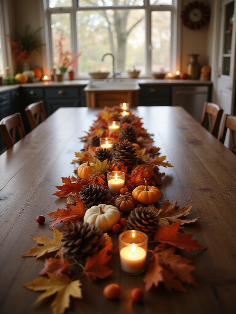 Fall kitchen table centerpiece featuring pinecones, dried leaves, gourds, and candles.