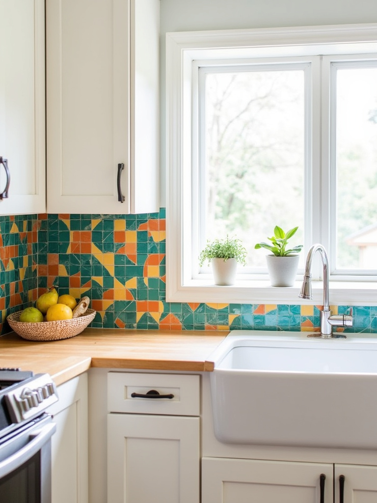 Colorful mosaic tile backsplash adds personality to a modern white kitchen.