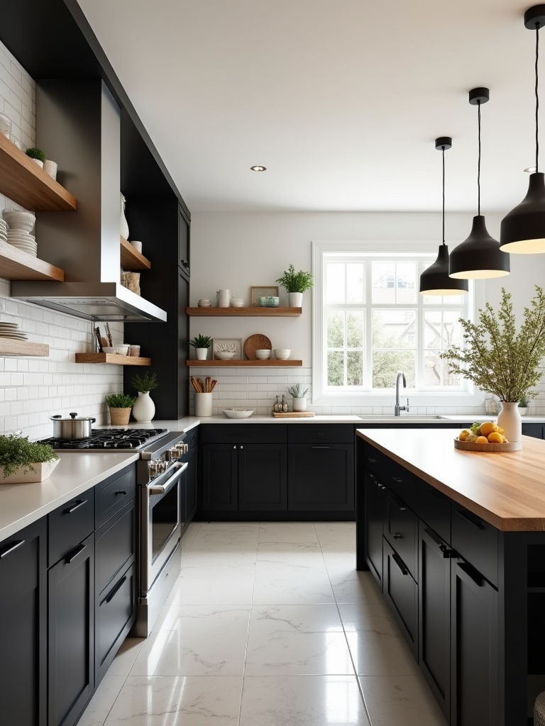 Black kitchen cabinets balanced with light gray countertops, white subway tile, and natural light.