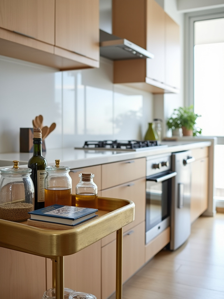 Apartment kitchen with gold bar cart used for extra storage and serving.