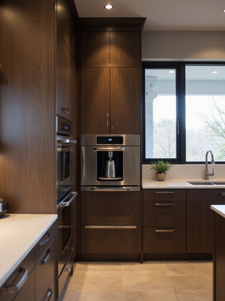 Luxury kitchen with a built-in coffee maker seamlessly integrated into the cabinetry.
