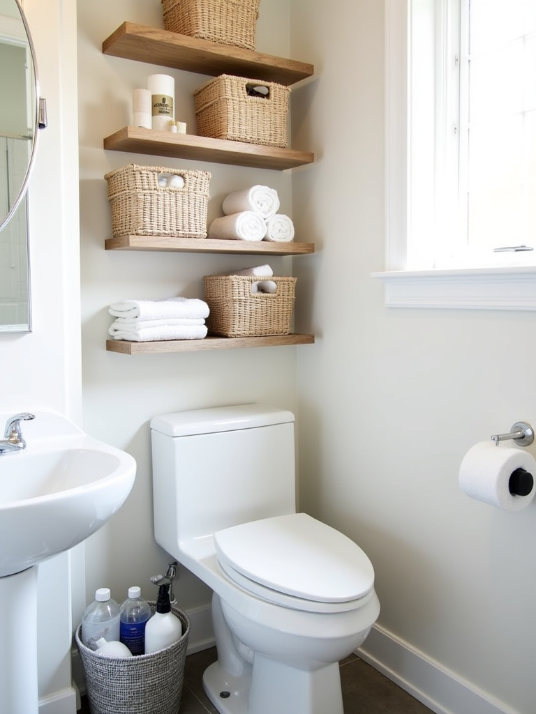Small bathroom with organized storage using stylish baskets on shelves and under the sink.