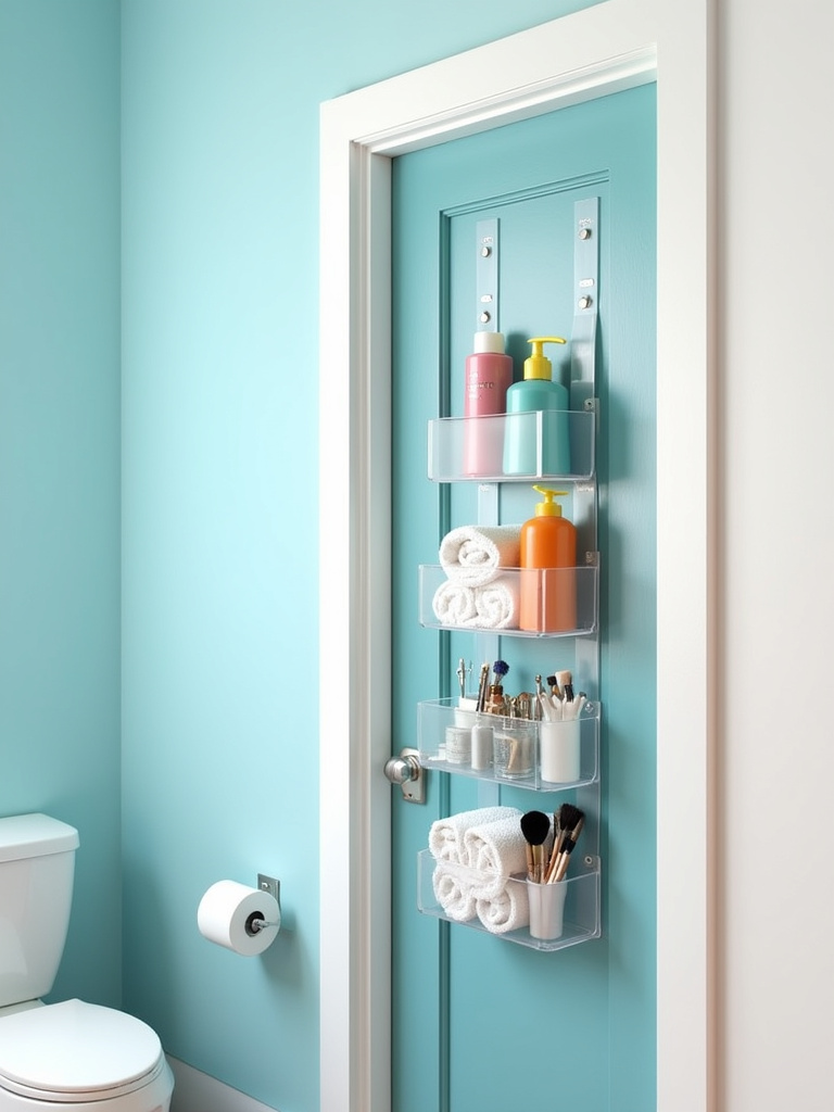 Behind-the-door bathroom organizer with toiletries, towels, and makeup brushes.