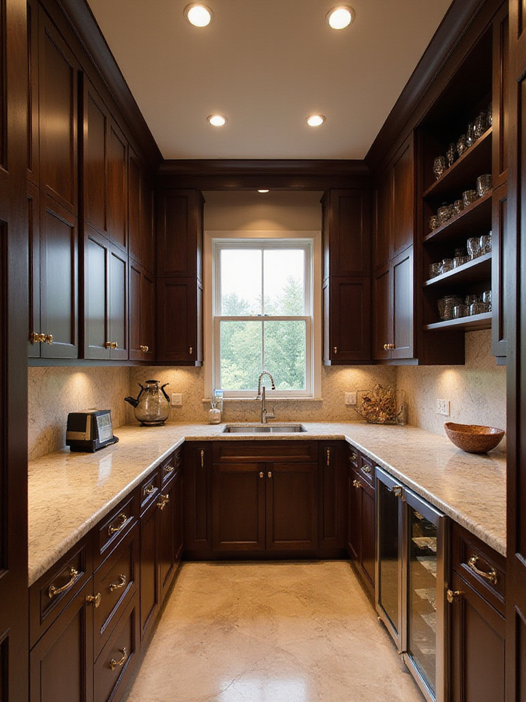 Luxurious butler's pantry with custom cabinetry, marble countertops, and wine refrigerator.