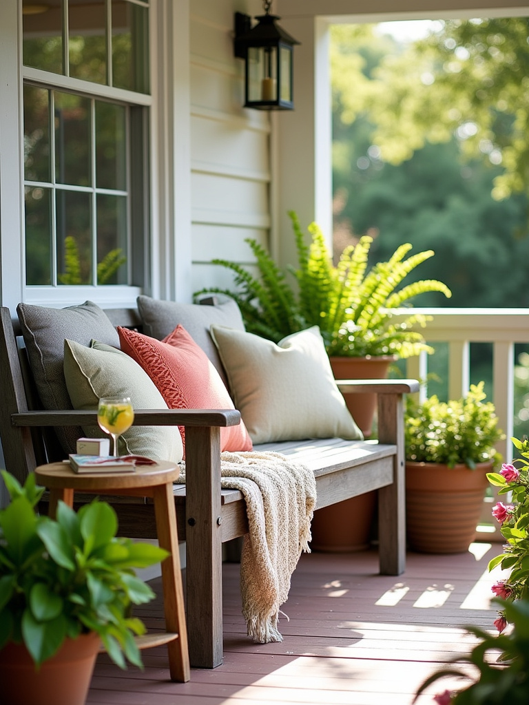 Inviting porch bench seating with cushions and plants for boosted curb appeal