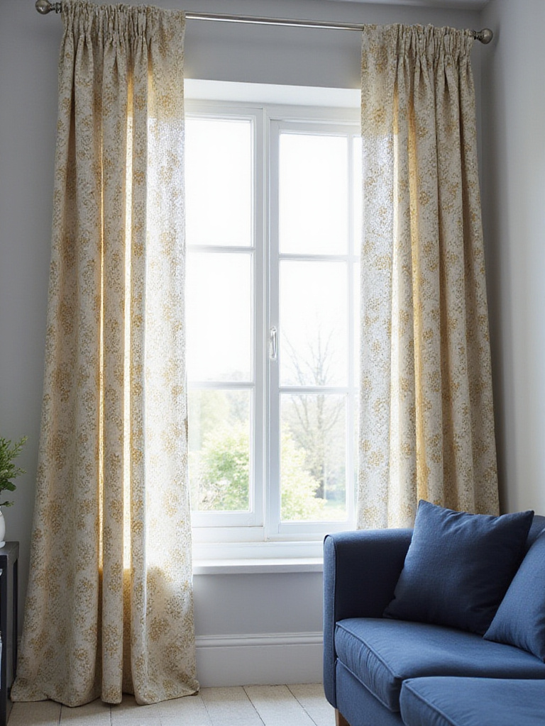 Living room with patterned curtains in cream, light blue, and ochre complementing a navy blue sofa and light gray walls.