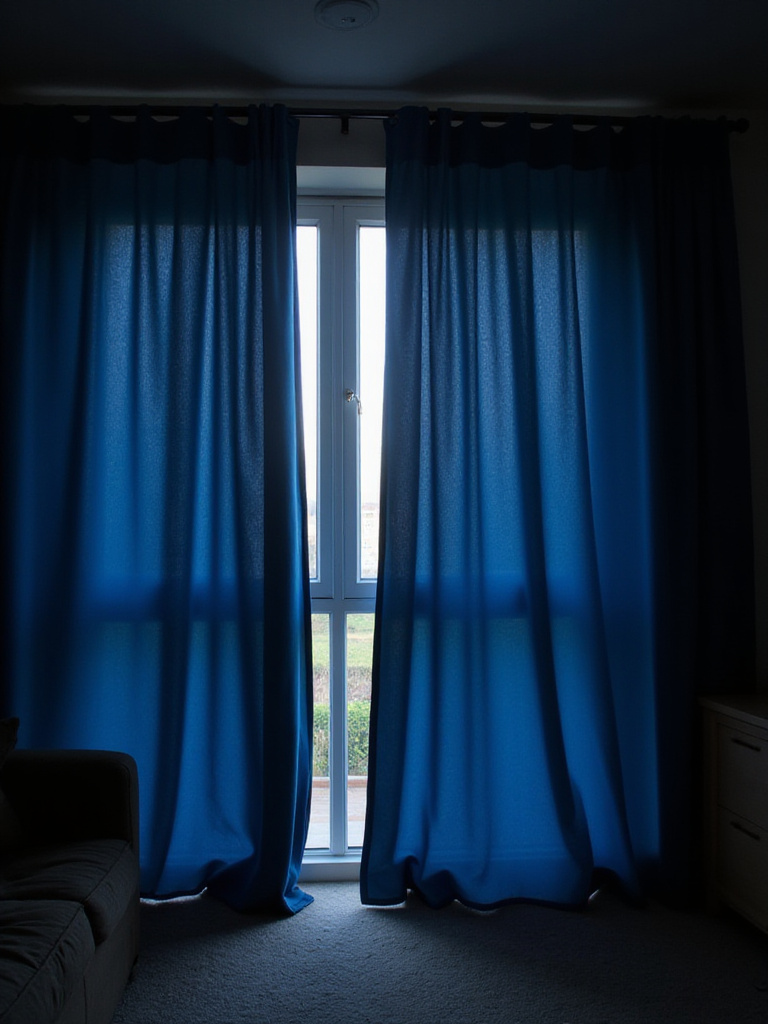 Living room with dark blue blackout curtains partially drawn, blocking sunlight.