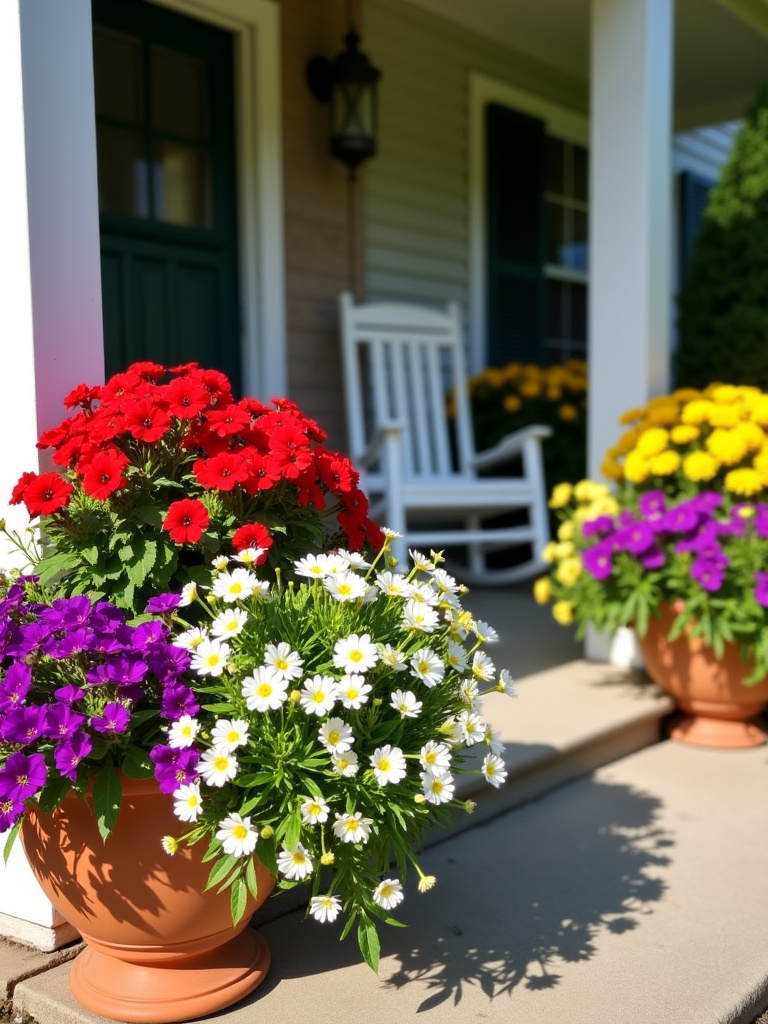 Vibrant porch planters overflowing with colorful flowers enhance curb appeal.