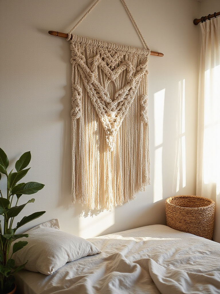 Bohemian bedroom with a large macrame wall hanging above the bed