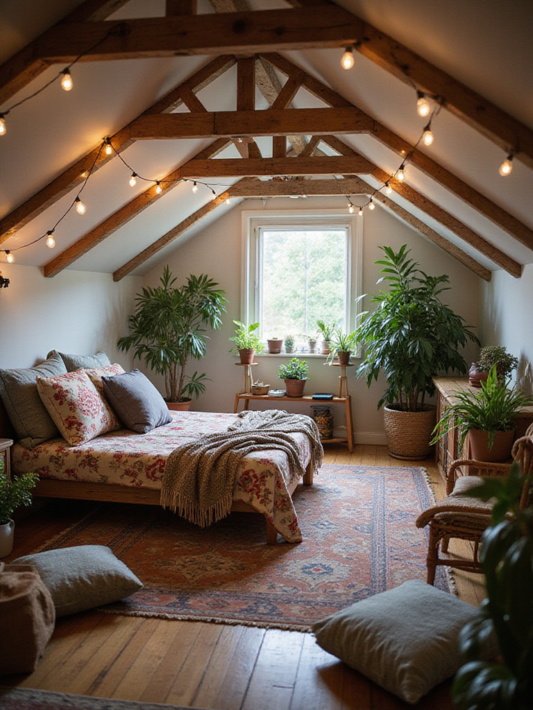 Bohemian style attic bedroom with layered textiles and natural elements