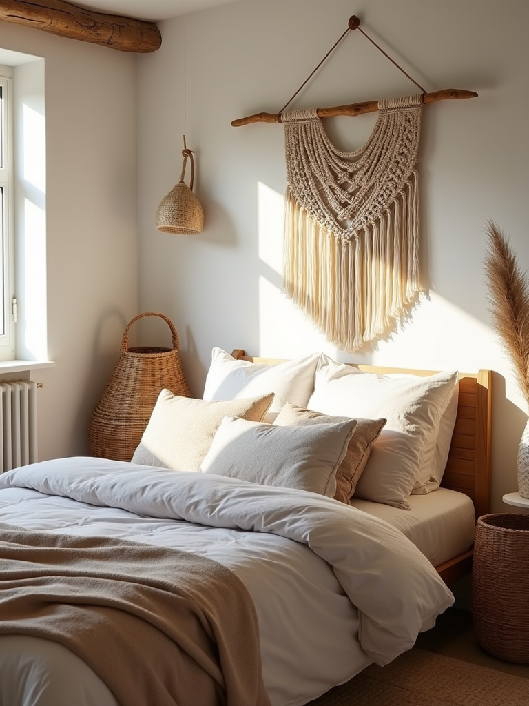 Boho chic teen bedroom with macrame wall hanging, layered bedding, and natural light.