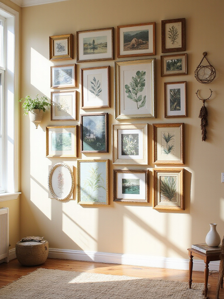 Boho living room with a curated gallery wall featuring eclectic art and prints.