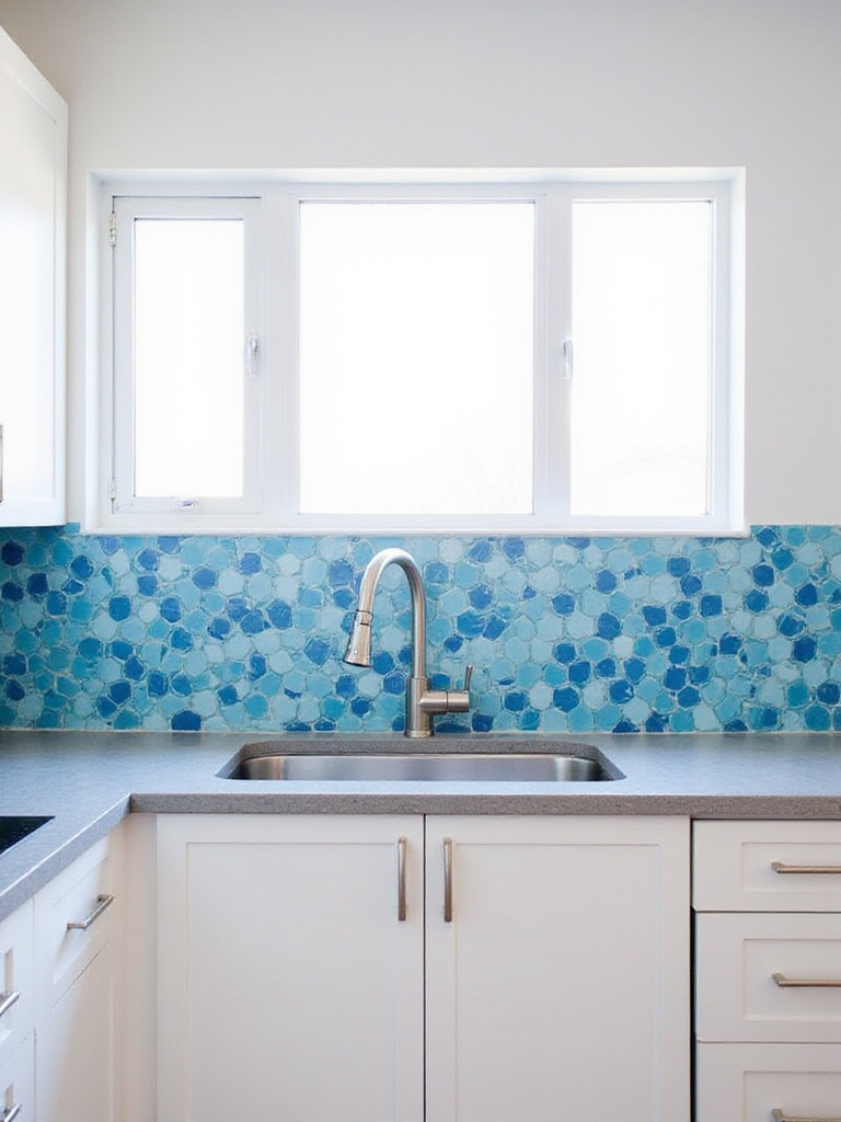 Modern kitchen backsplash with bold blue hexagon geometric tile pattern