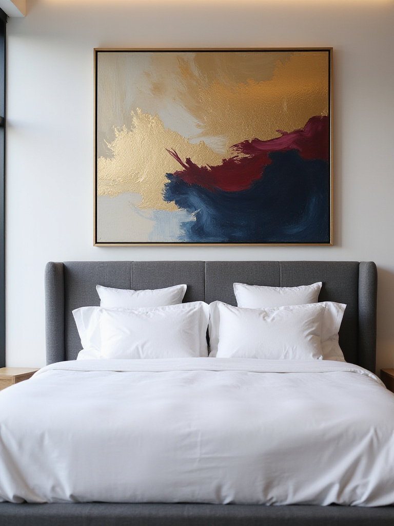 Bedroom interior with a large abstract painting above the bed.