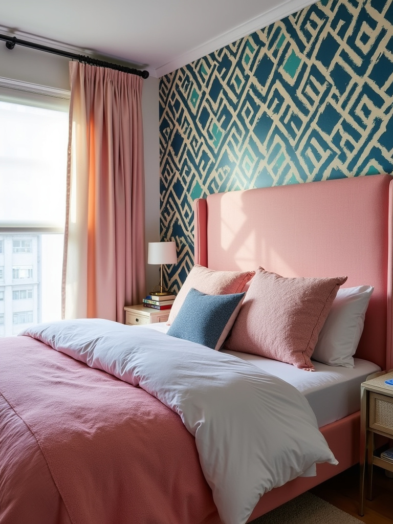 Teen bedroom with a bold statement wall using patterned wallpaper as a focal point.