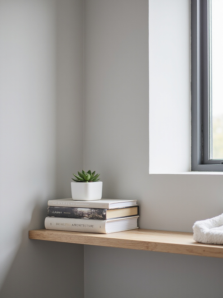 Bathroom shelf decor featuring a stack of chic coffee table books and a succulent.