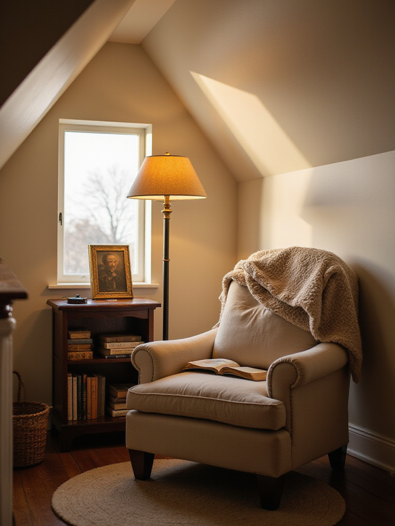 Cozy attic reading corner with armchair, bookshelf, and dormer window.