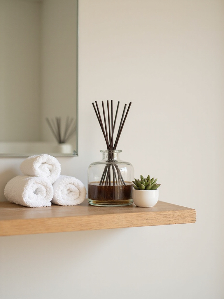 Elegant reed diffuser on bathroom shelf with towels and succulent