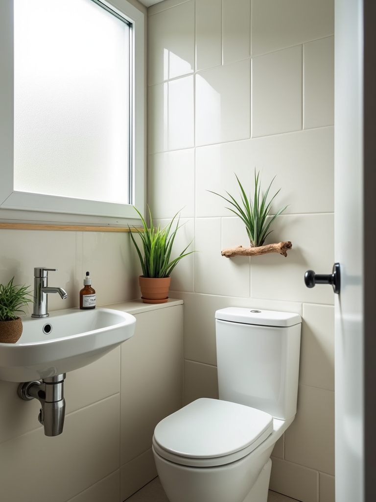 Small bathroom with snake plant on sink and air plant on wall.