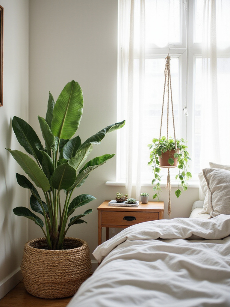 Bedroom with plants creating a calming and natural atmosphere.