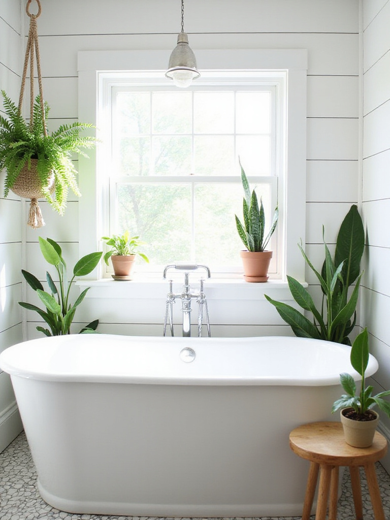 Farmhouse bathroom with white shiplap, freestanding tub, and lush green plants.