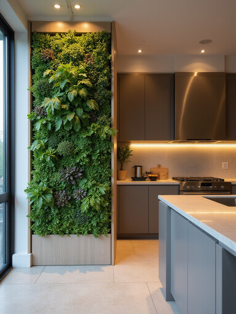 Luxury kitchen with a vibrant vertical herb wall, showcasing fresh greenery and modern design.