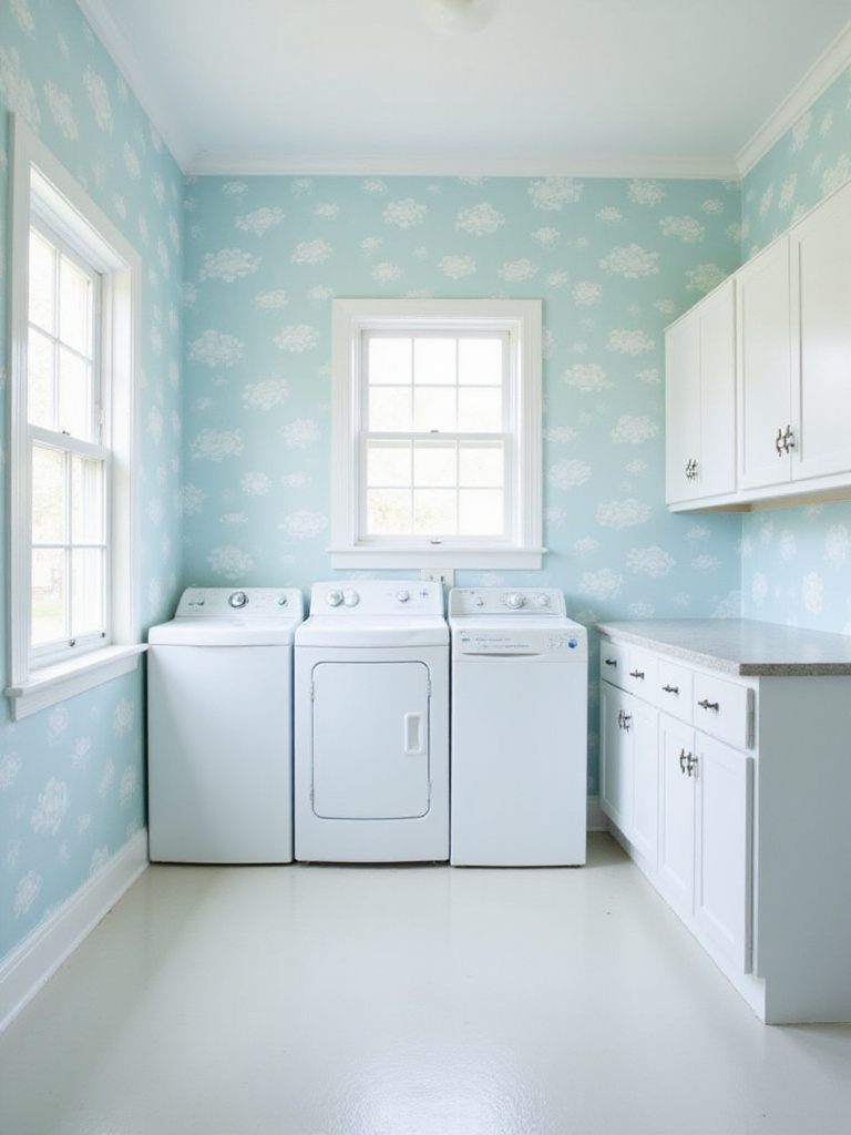 Small laundry room with pale blue cloud wallpaper, white cabinets, and natural light.