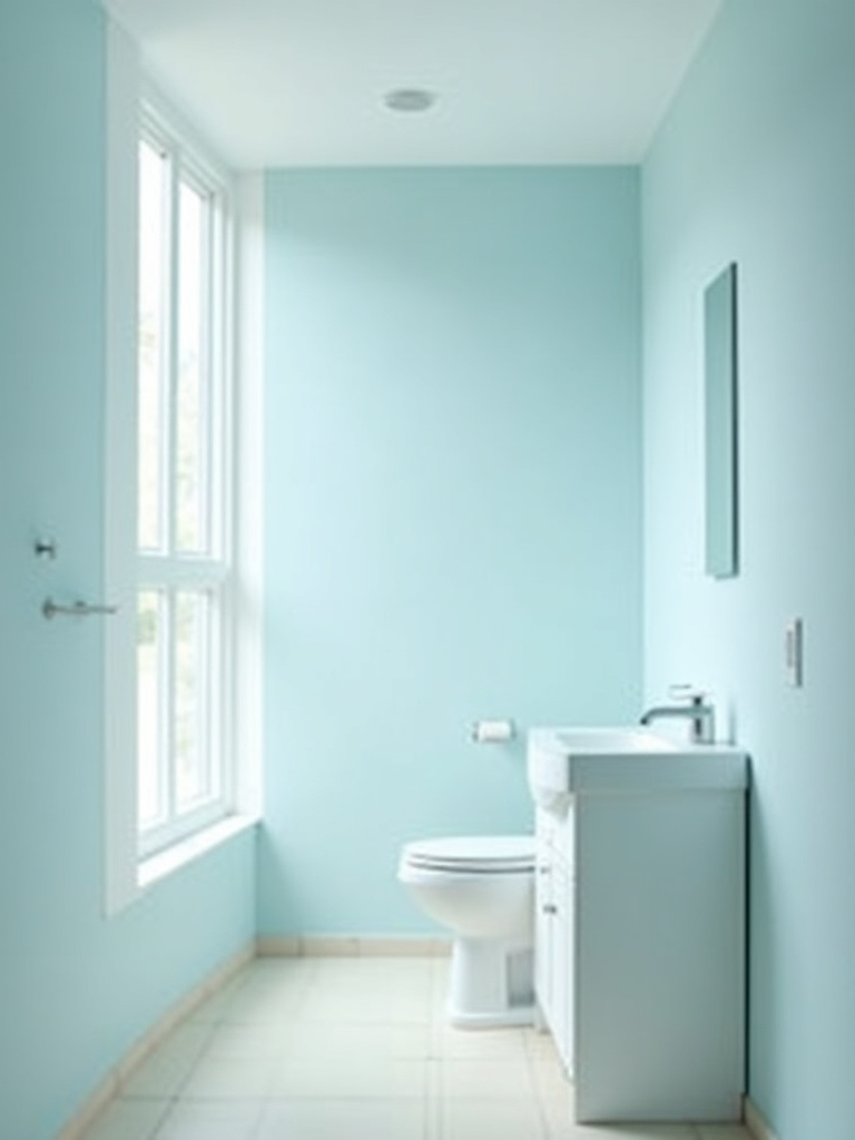 Small bathroom design featuring pale blue walls, white fixtures, and ample natural light to maximize space.