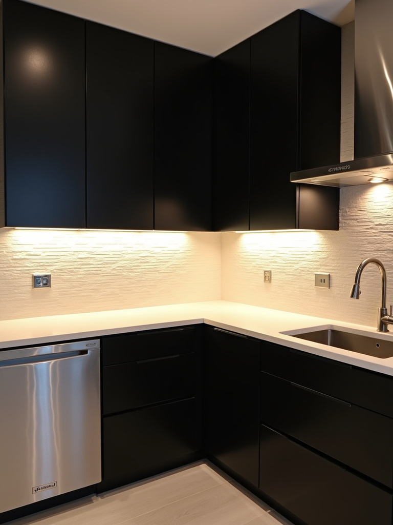 Bright, modern kitchen with black cabinets and strategic under-cabinet lighting.