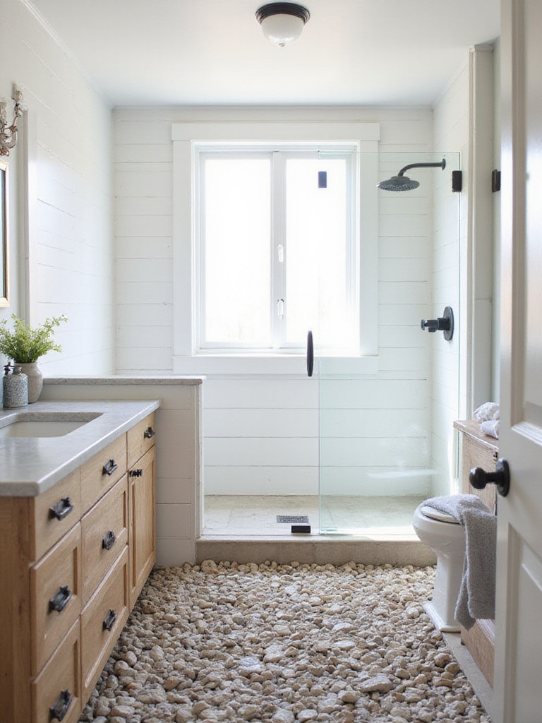 Farmhouse bathroom with river rock shower floor and limestone countertop