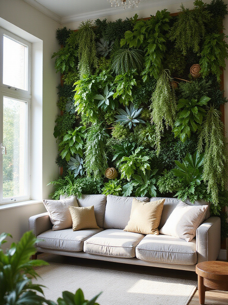 Lush vertical garden in a modern living room, showcasing a variety of plants and adding a touch of nature to the interior space.
